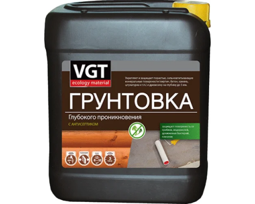 VGT Грунтовка глубокого проникновения с антисептиком вд-ак-0301 Для укрепления старых (осыпающихся) и новых поверхностей перед проведением штукатурных и малярных работ, в том числе, по дереву 5кг