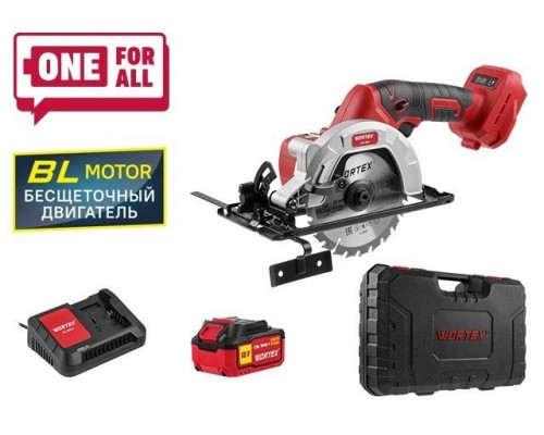 Аккум. циркулярная пила WORTEX CCS 1814 в чем. ALL1 XLT SET БЕСЩЕТ., 18 В, до 45 мм, 1х4 А*ч, з/у (140х20 мм, рез под углом 45)