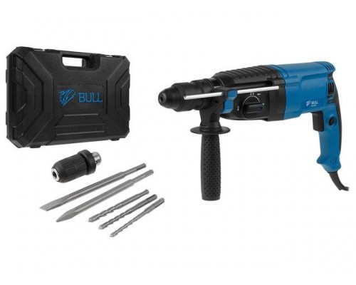 Перфоратор BULL BH 2602 в чем. 800 Вт, 3.0 Дж, 4 реж. + 2 зубила, 3 сверла, БЗП в комплекте (800 Вт, 3.0 Дж, 4 реж., патрон SDS-plus, БЗП в комплекте, (01045325)