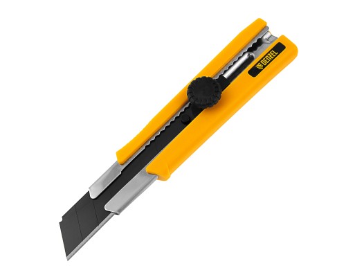 Нож, 25 мм, сменное лезвие, SK4, корпус из TPR, метал. направляющая, винтовой фиксатор Denzel