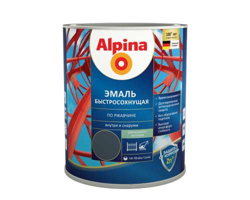 Грунт-эмаль алкидная Alpina Эмаль быстросохнущая по ржавчине шелково-матовая RAL7024 Графит 750 мл