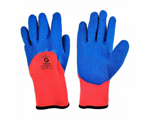 Перчатки с махровой подкладкой из полиэстера, покрытая синим латексом на 3/4 (три четверти) для защиты от минимальных рисков.