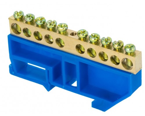 Шина "0" N (6х9мм) 10 отверстий синий изолятор на DIN-рейку