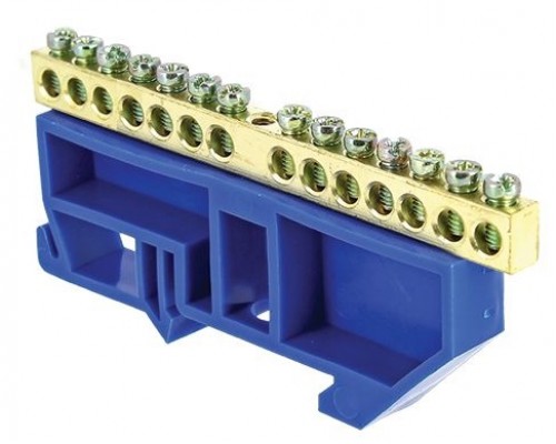 Шина "0" N (6х9мм) 14 отверстий синий изолятор на DIN-рейку