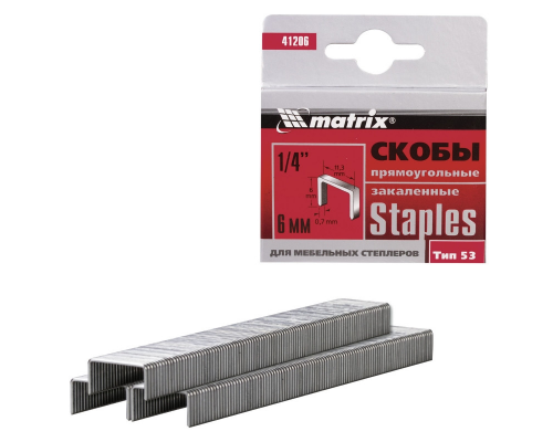 Скобы, 6 мм, для мебельного степлера, закаленные, тип 53, 1000 шт MATRIX