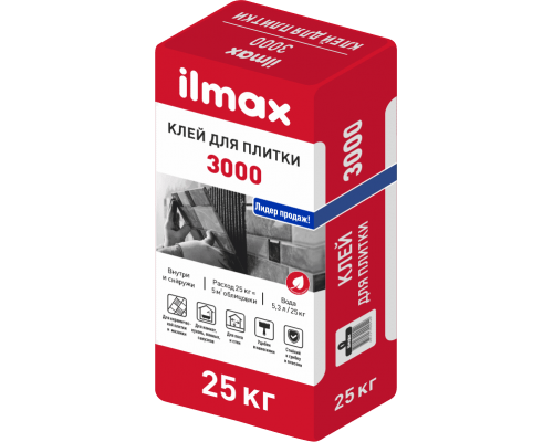 ILMAX 3000 Клей для плитки 25кг. Для пола и стен. Подходит для влажных помещений. Для наружных и внутренних работ.