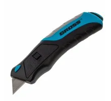 Нож ремонтно-монтажный, трехкомпонентная рукоятка, кнопочный автовыброс, возврат лезвия, 175 мм, 5 запасных лезвий Gross 