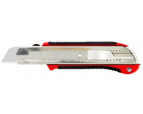 Нож, 25мм, выдвижное лезвие, усиленная металлическая направляющая, металлическая обрезиненная рукоятка Matrix